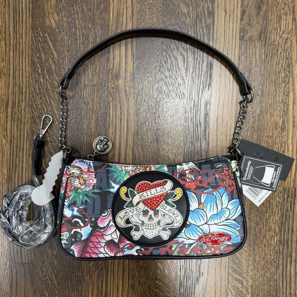 ed hardy multicolor tattoo skull rhinestone zip shoulder bag w/ detachable strap